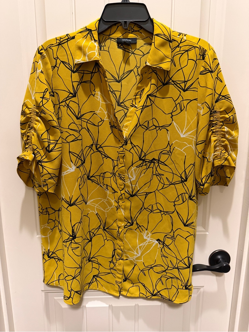 Alfani Mustard Yellow Floral-Outline Button Front Blouse